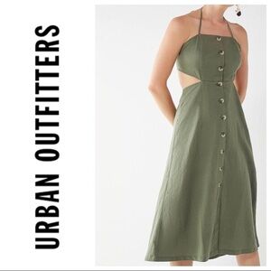 Urban Outfitter’s Open Back Olive Halter-Tied Button-Down Linen Dress